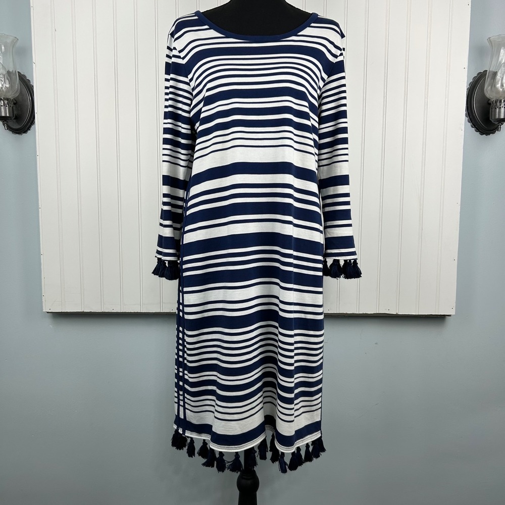 Tommy Bahama Womens Blue White Striped Tassel Trim Long Sleeve Shift Dress M